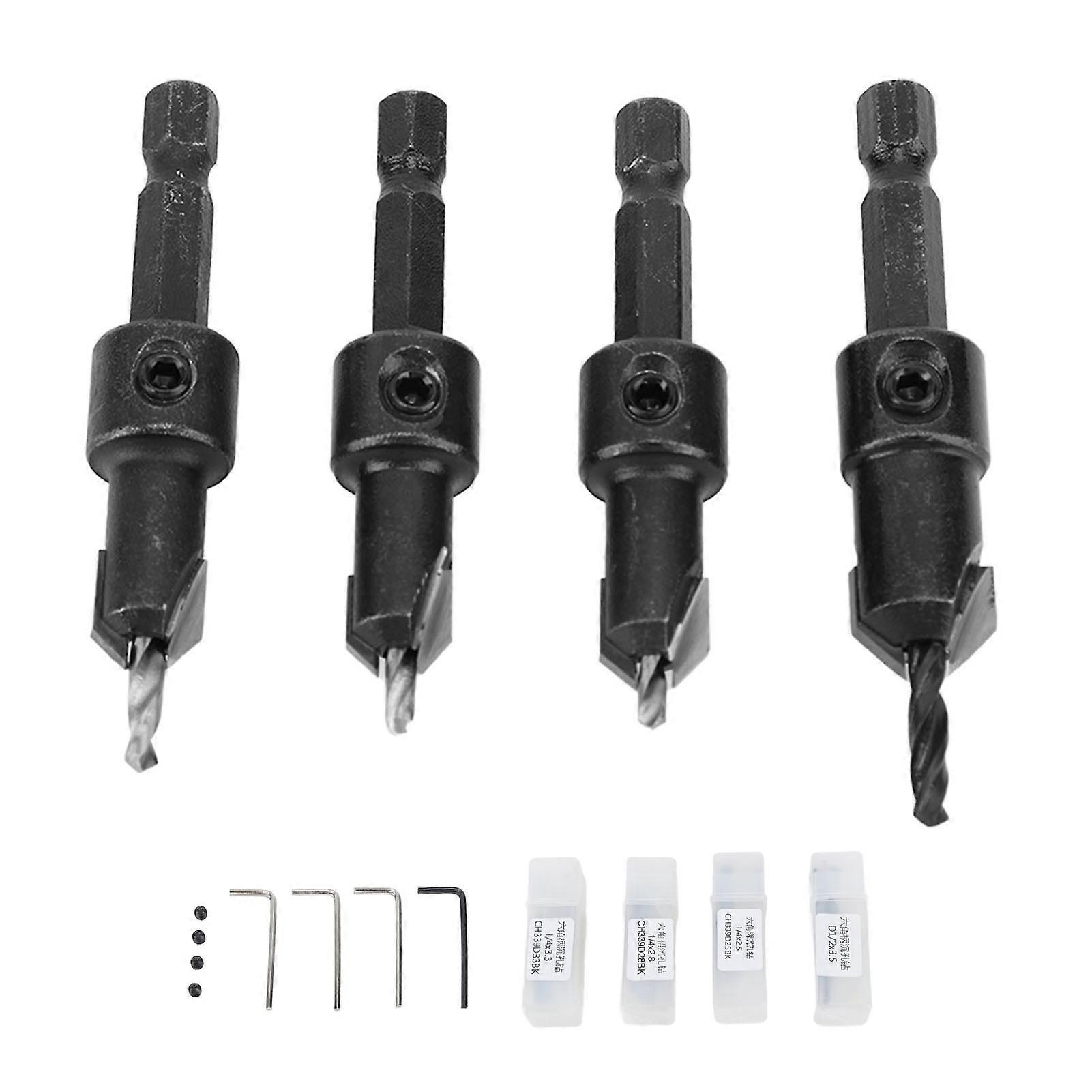 Ouitble Countersunk Drill Bit Set Cemented Carbide Hex Shank Countersunk Drill Bit Set for Self Tapping Screws, 4Pcs Woodworking Tools