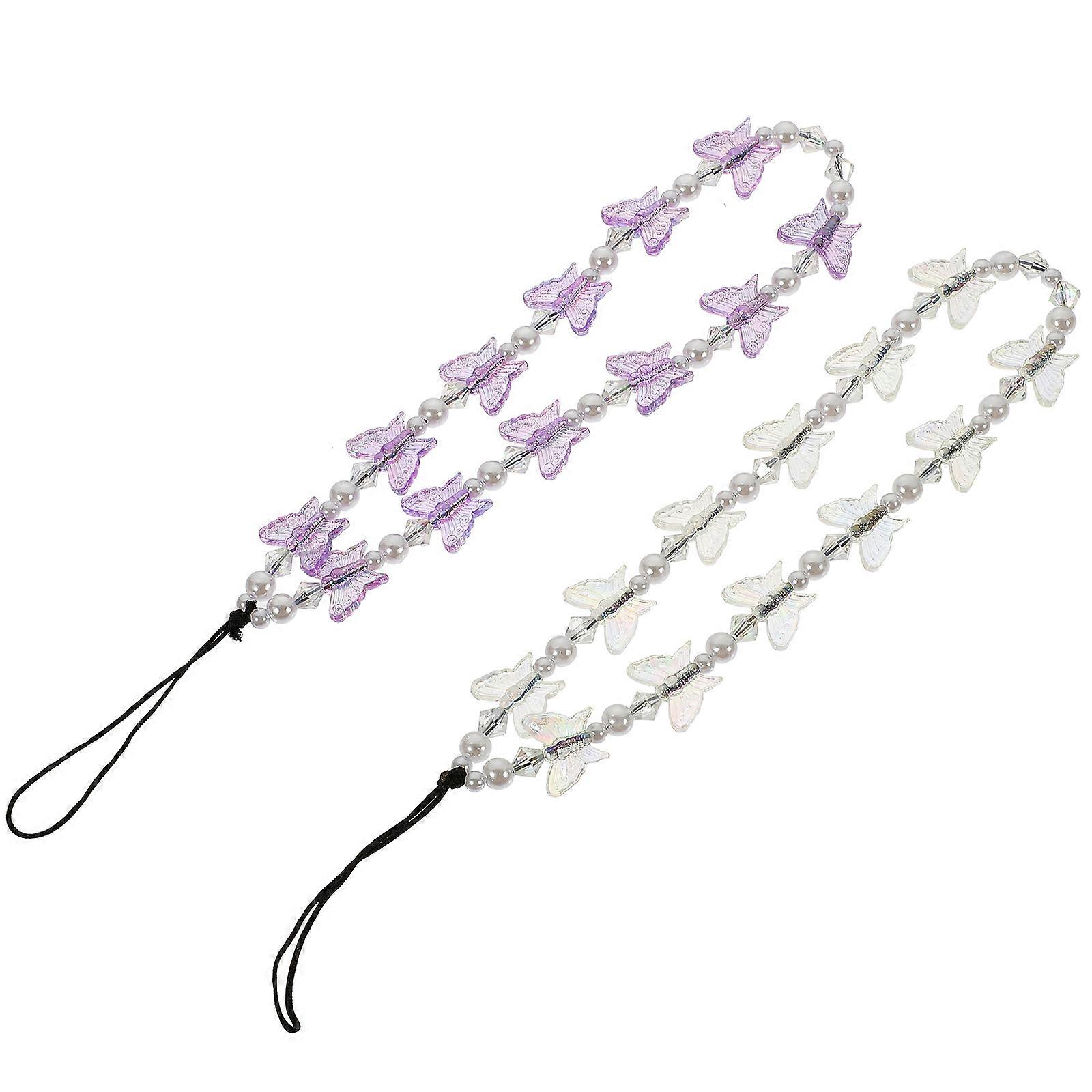 Cute Phone Charm Strap Beaded Butterfly Phone Chain Daily Use Assorted Color Anti-slip 2Pcs