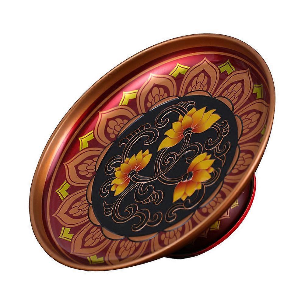 Buddhist Plate in Assorted Colors for Decor Alloy Tray with Retro Style and Carved Patterns 7.8 Inches
