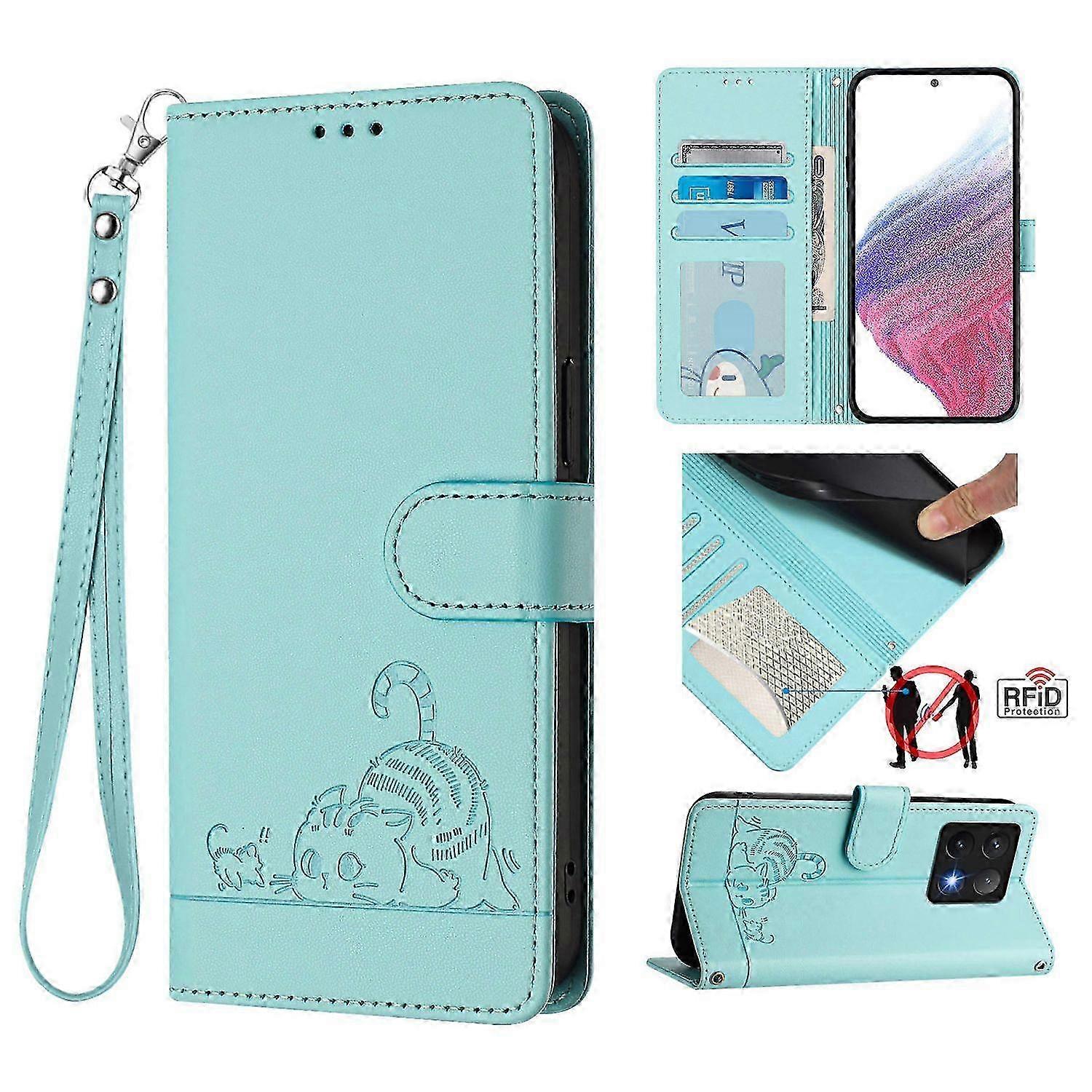 For Compatible Brand 14T Pro Case with Strap RFID Blocking Leather Wallet Phone Cover Cat Mouse Pattern