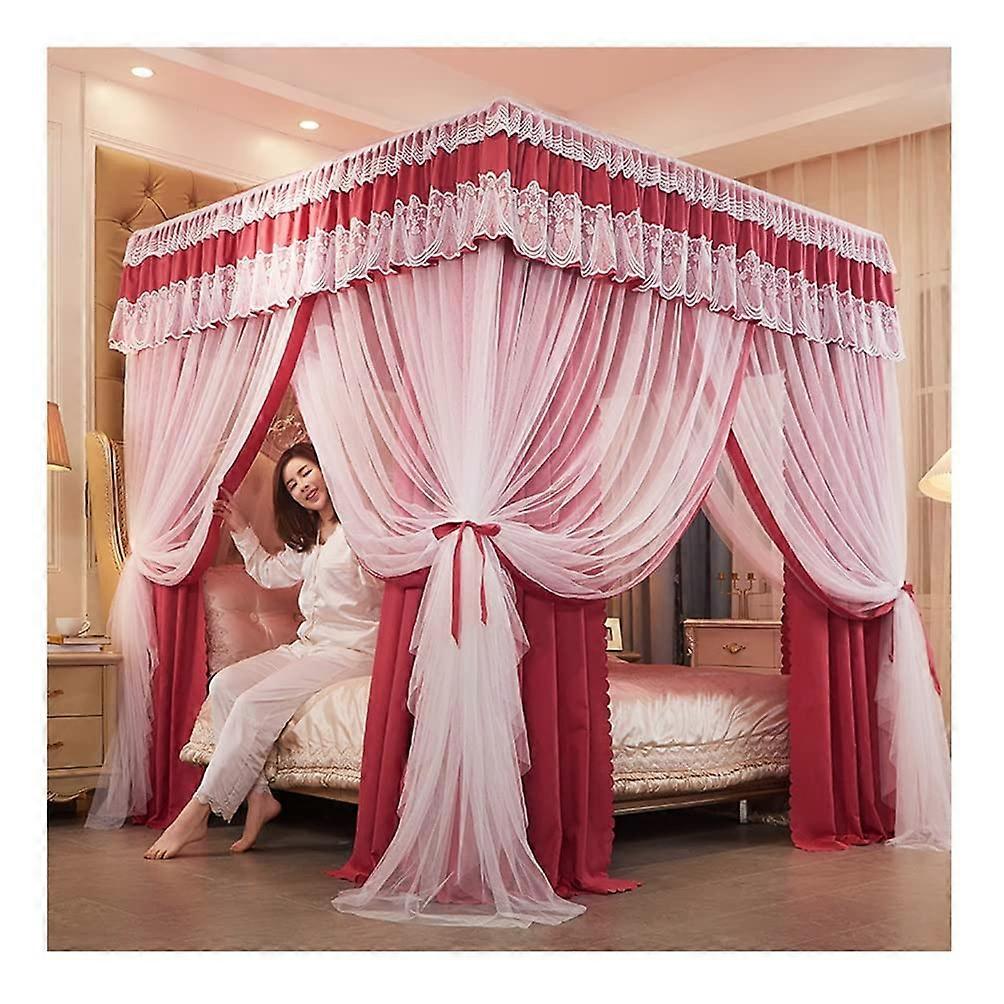 Bed Canopy Mosquito Net For Single And Double Beds, Easy-Install Square Top, Large Red Lace Curtains, 180x220x200 cm