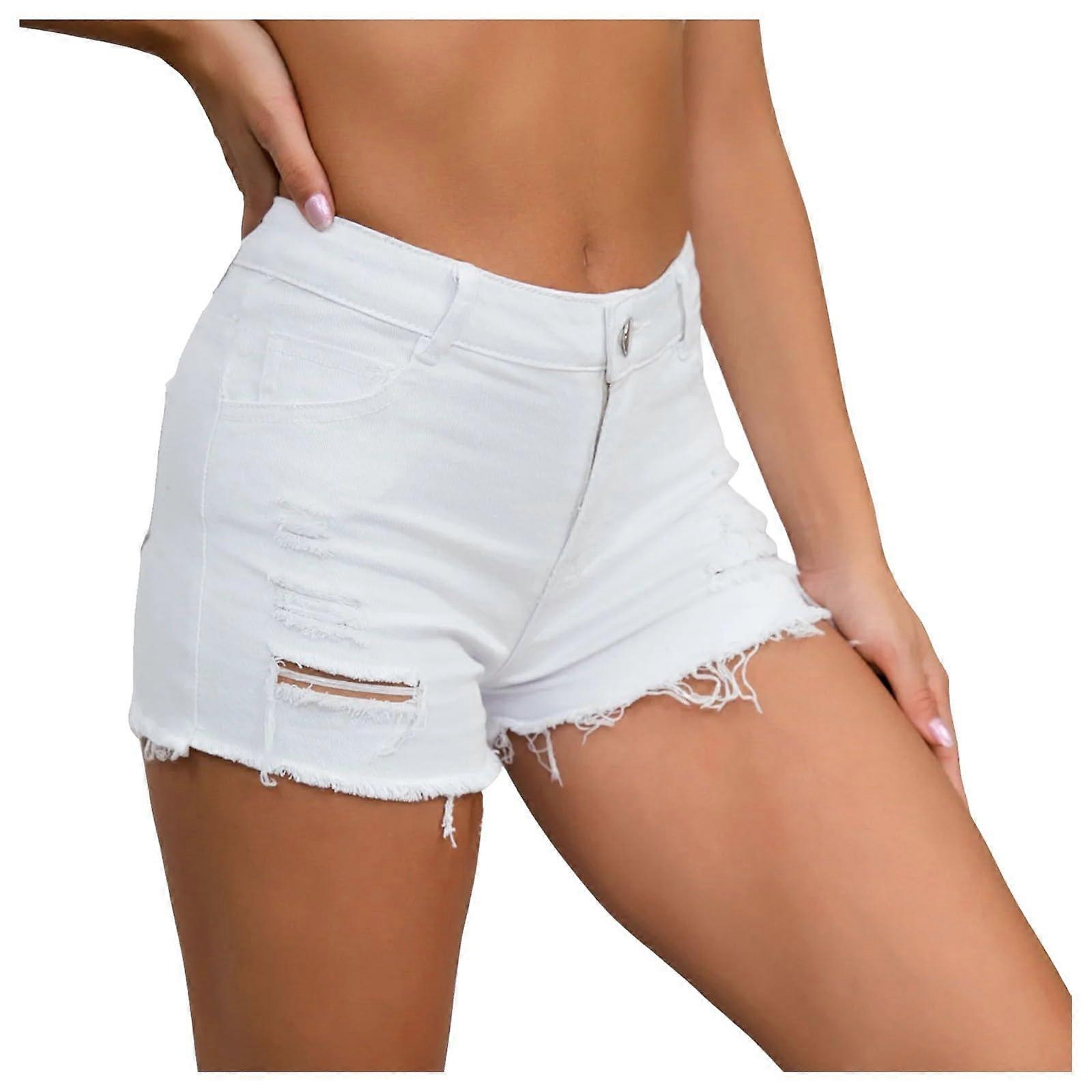 High-Waisted Women's White Distressed Hem Shorts Size M, Casual Summer Style, Comfortable Cotton Blend