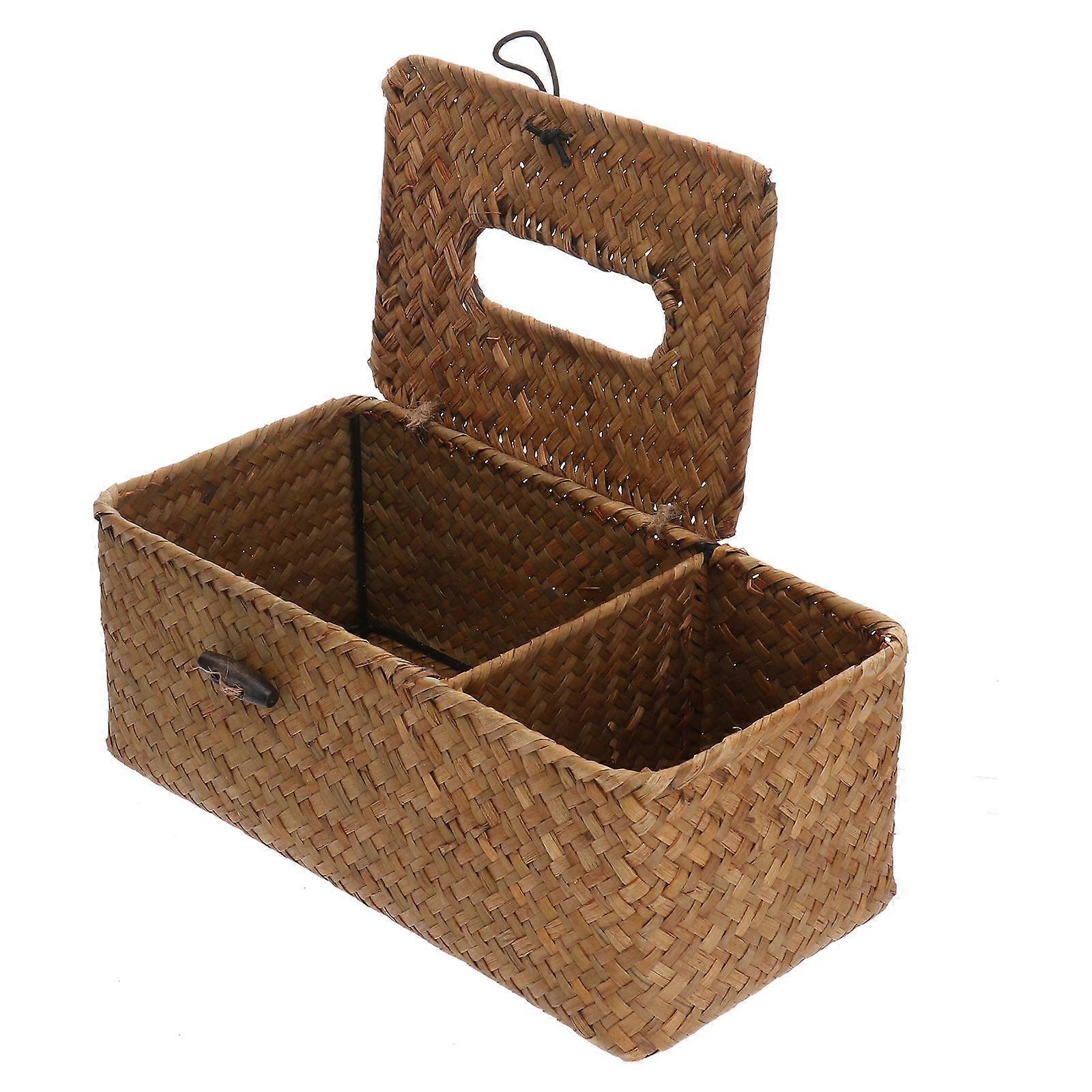 Desktop Tissue Box Seaweed Woven With Lid For Living Room 24x12cm 1Pc