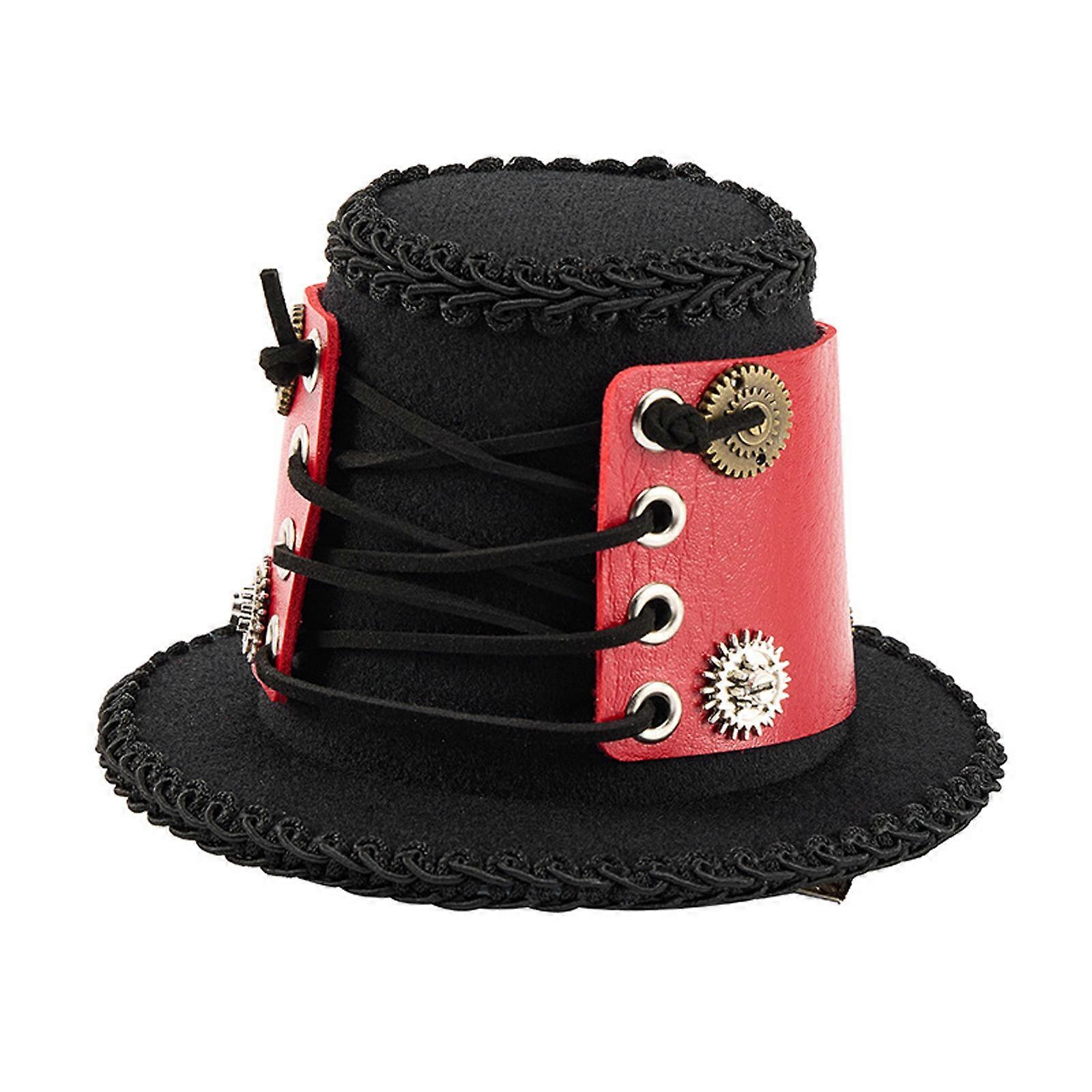 Elegant Unique Top Hat With Industrial Gear And Felts Design Costume Headpiece For Parties And Dinners  Red