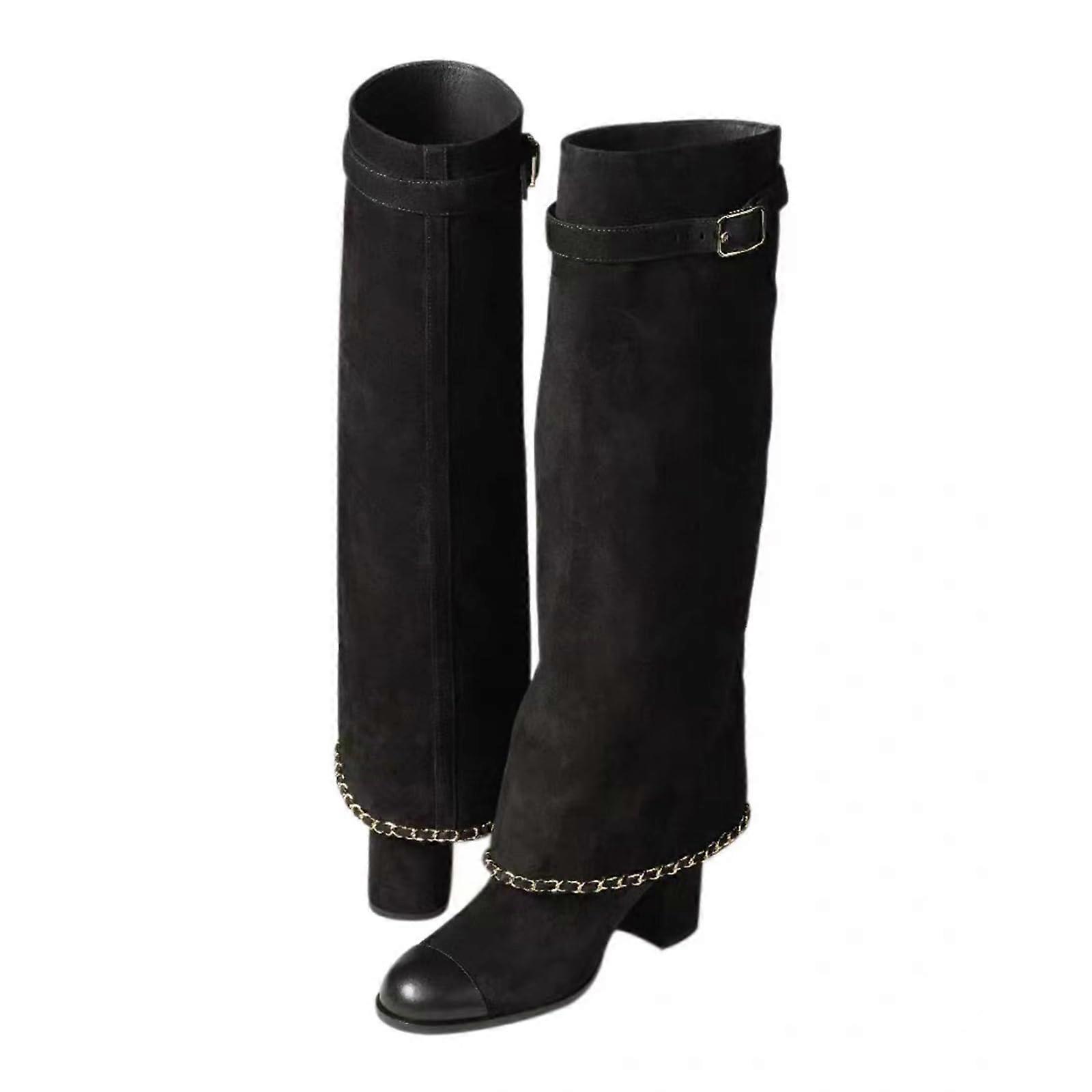 8 cm High Heel Black Pleated Round Toe Boots EU 42 Large Size Fashion Catwalk Long Leg Trousers Style