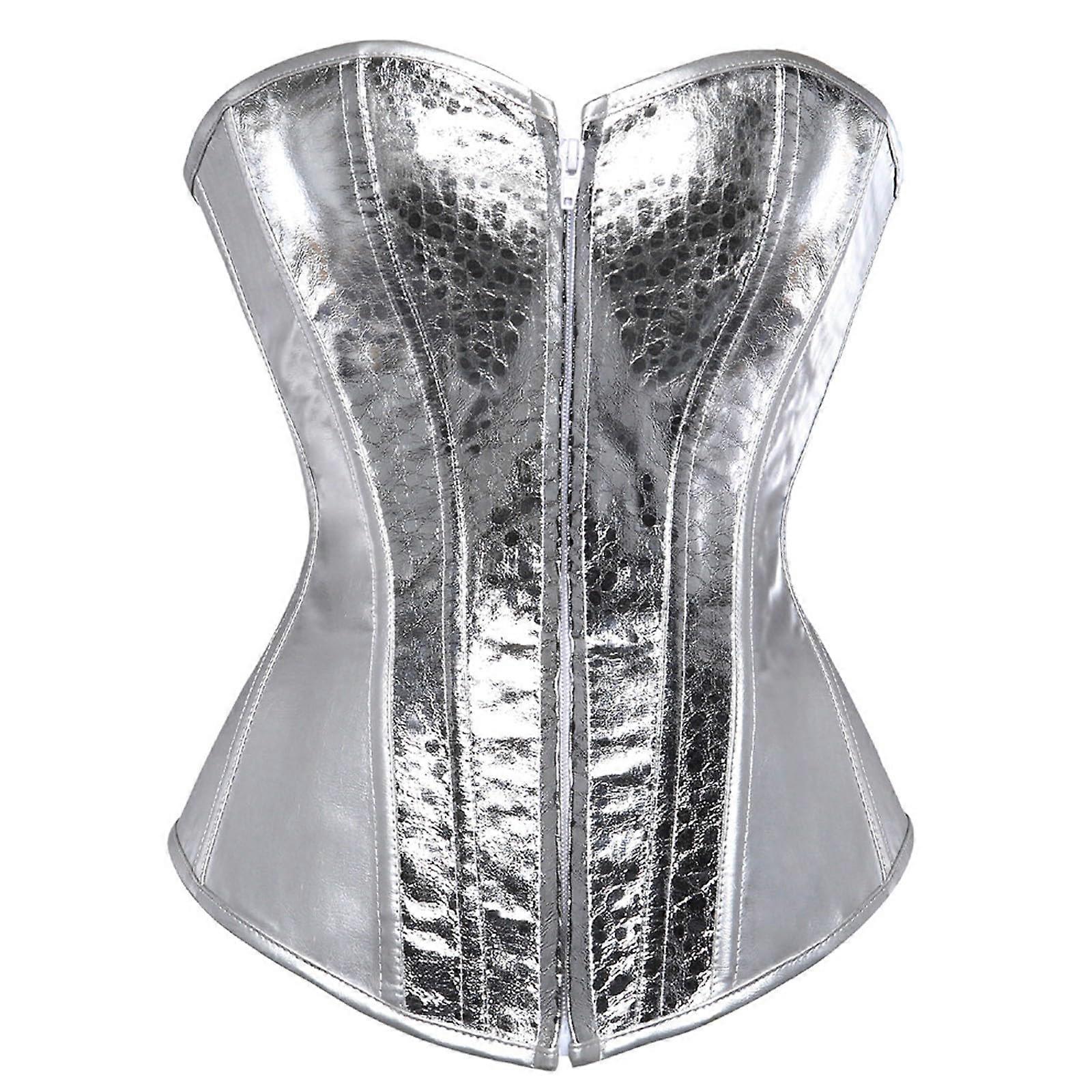 Women's Shiny Corset Dress with Zip and Adjustable Straps Western Style Latex Belly Belt Silver S