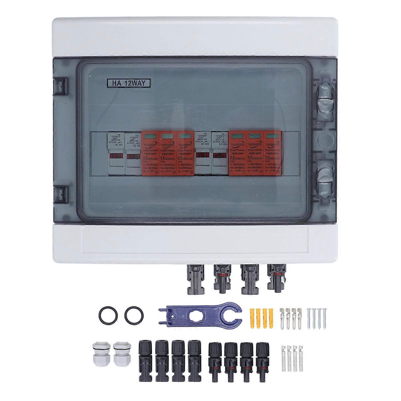 PV Combiner Box 2 in 2 Out IP65 Waterproof Photovoltaic Combiner Box with 15A Fuse Surge Protector DC 500V