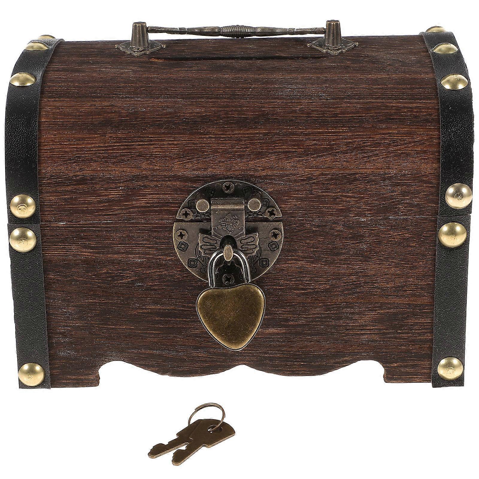 Coffee Wooden Treasure Box Handmade Piggy Bank with Lock for Money Saving and Coin Holding 7.5 x 5 x 4.5 Inches
