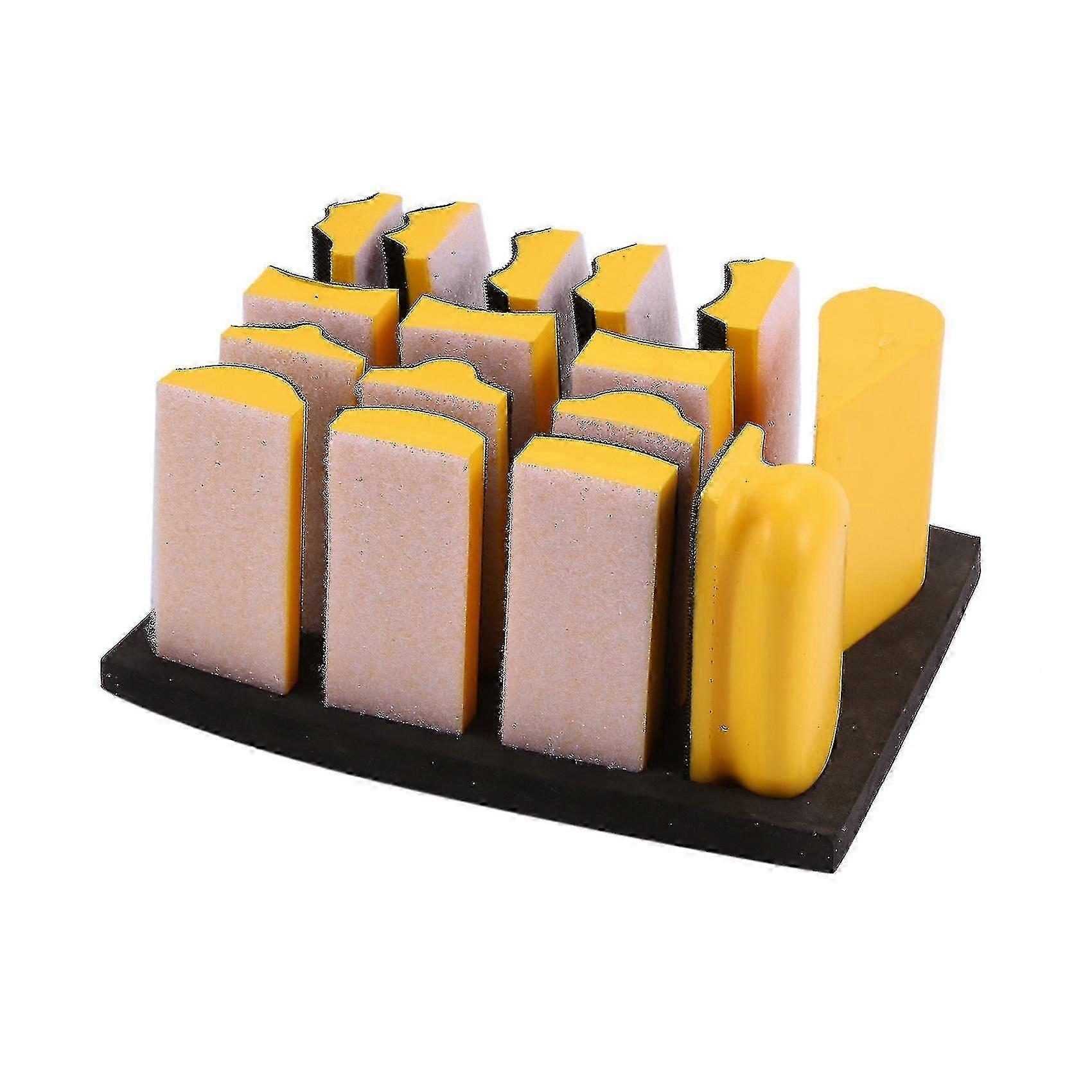16pcs Sanding Pad Set 40x100mm with Shaped Hand Sanding Block, Disc Sponge & Hook Loop Backing in Yellow and Black