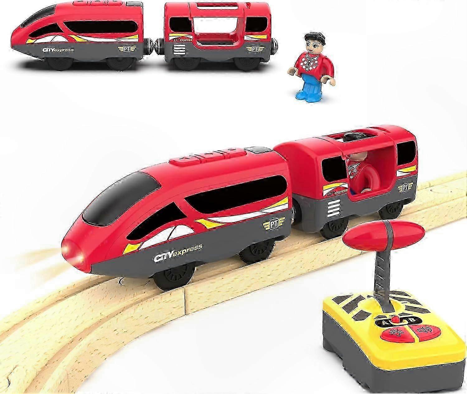 Remote Control Train with Magnetic Connector, Motorized Wooden Track Train for Toddlers, Compatible with Major Wooden Railway Systems, Red