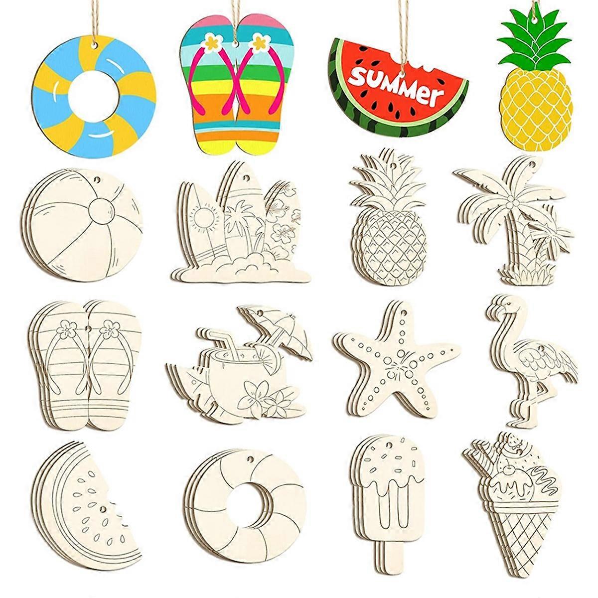 36PCS Wooden Summer Ornaments to Paint 12 Styles DIY Blank Unfinished Wood Beach Cutouts Ornament for Decorations