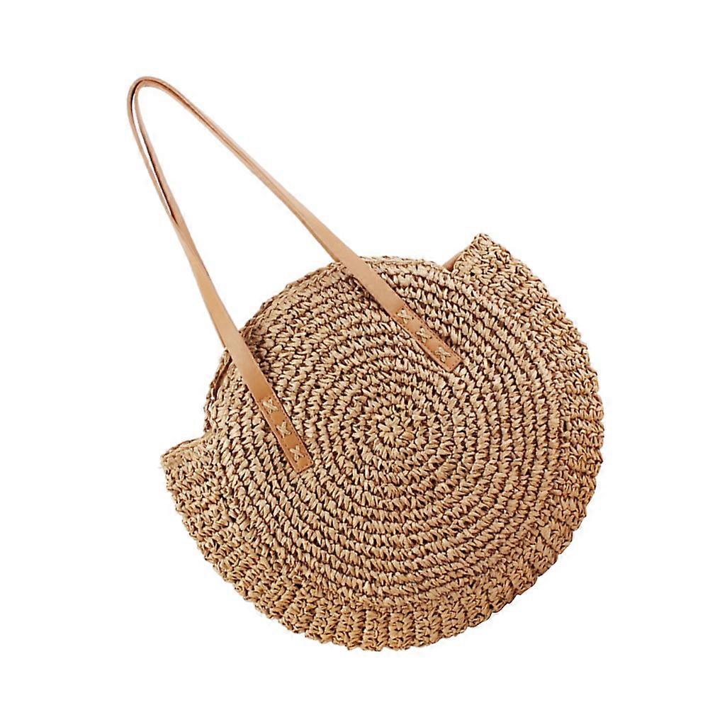 Straw Beach Bag for Women Use Handwoven Round Shoulder Bag Tote Camel