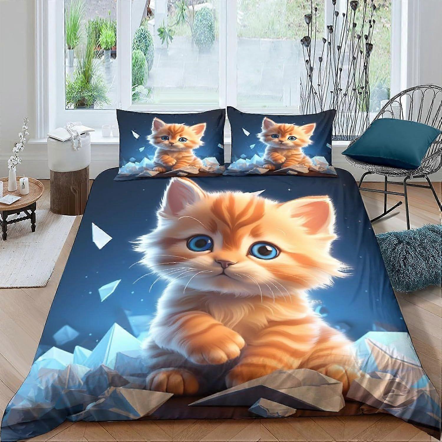 w468 Cute Kitten Quilt Duvet Cover 3 Piece Set with Zipper Closure 3D Soft Bedding Bedding Sets Microfiber Bedding Double u468