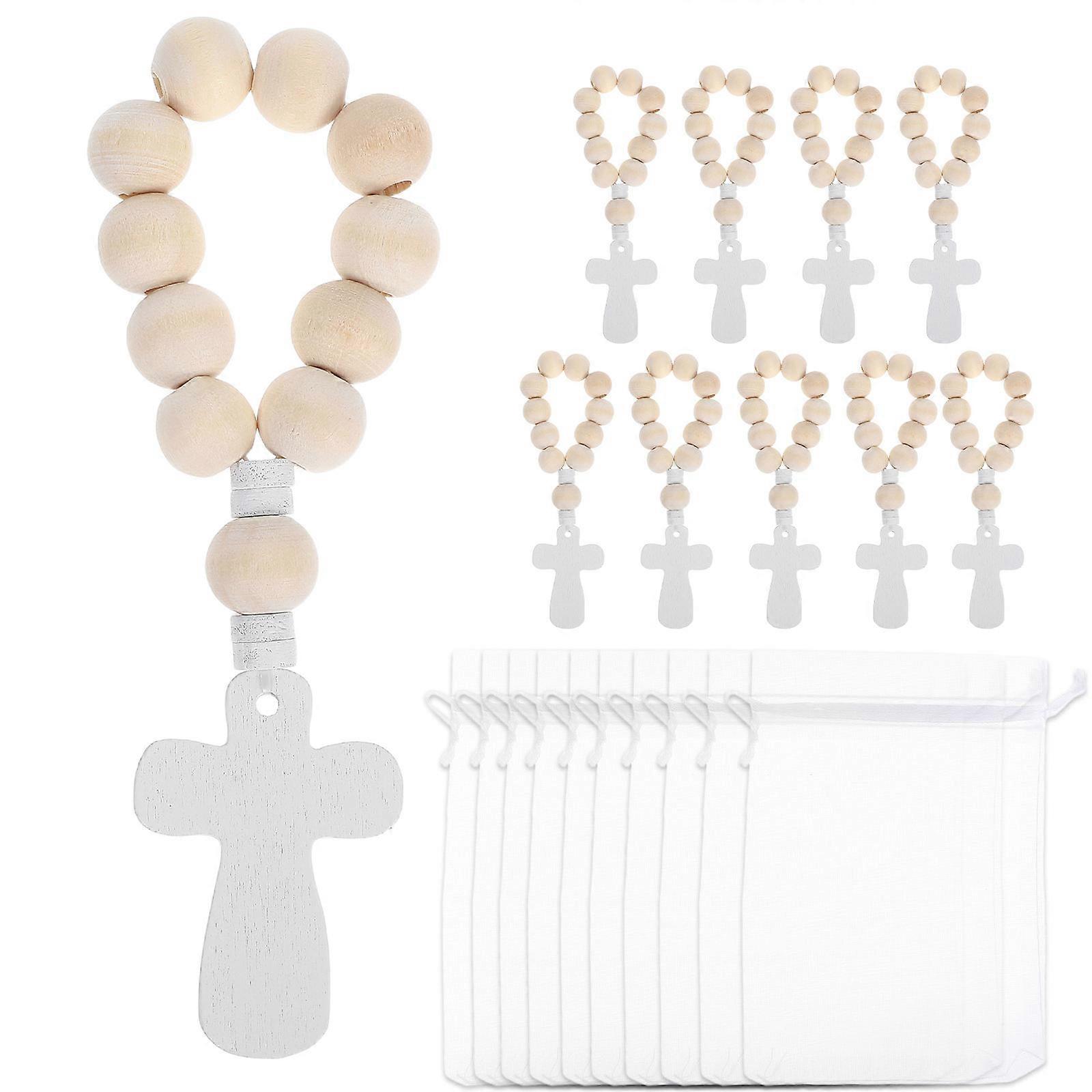 40Sets Wooden Rosary for Baby Baptism with Crucifix and Mesh Bags