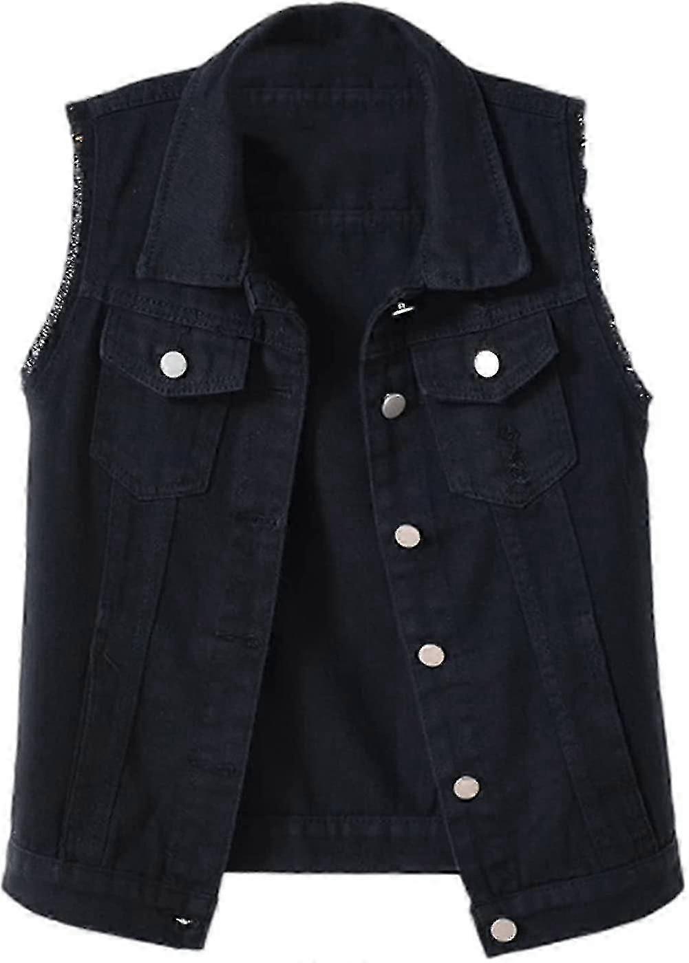 Dame Crop Denim Vest Jakke Ærmeløs Button Down Ripped Casual Waistcoat Jakke - Z