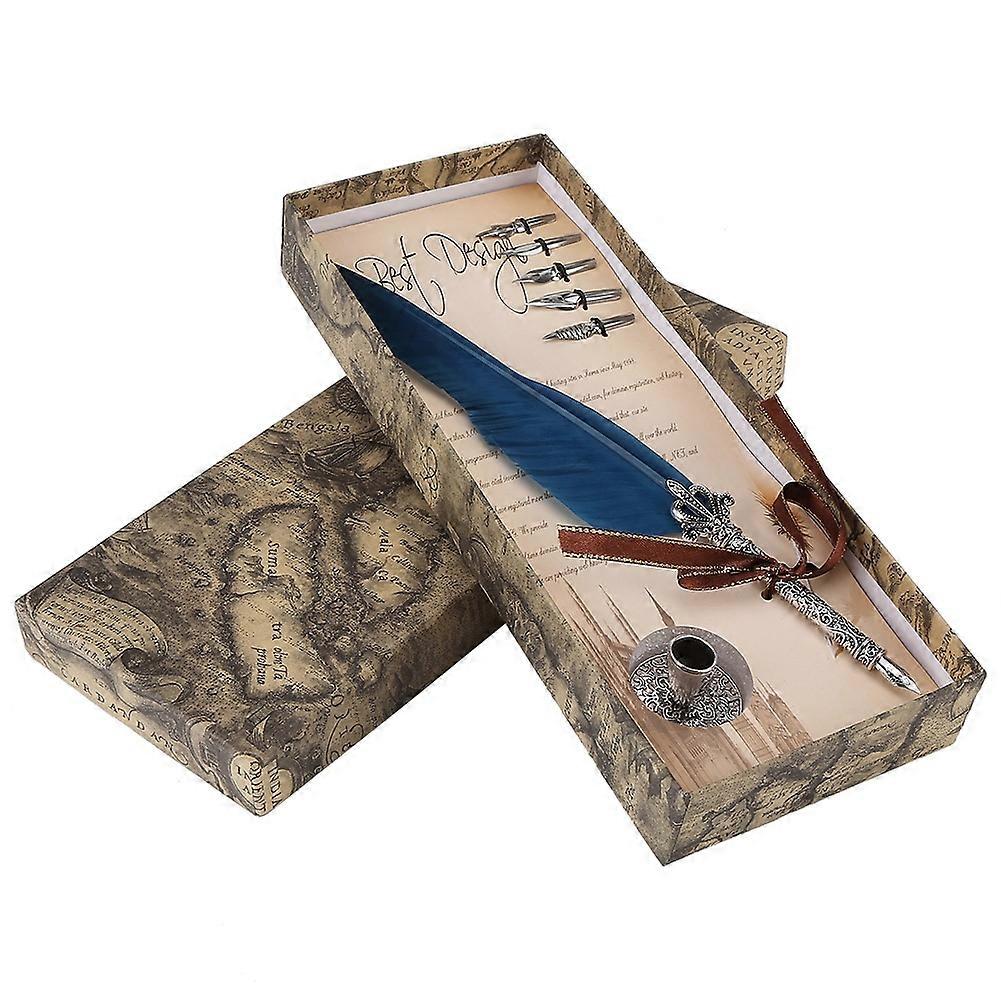 English Calligraphy Feather Dip Quill Pen Writing Set Stationery Gift Box with 5 Nibs Blue