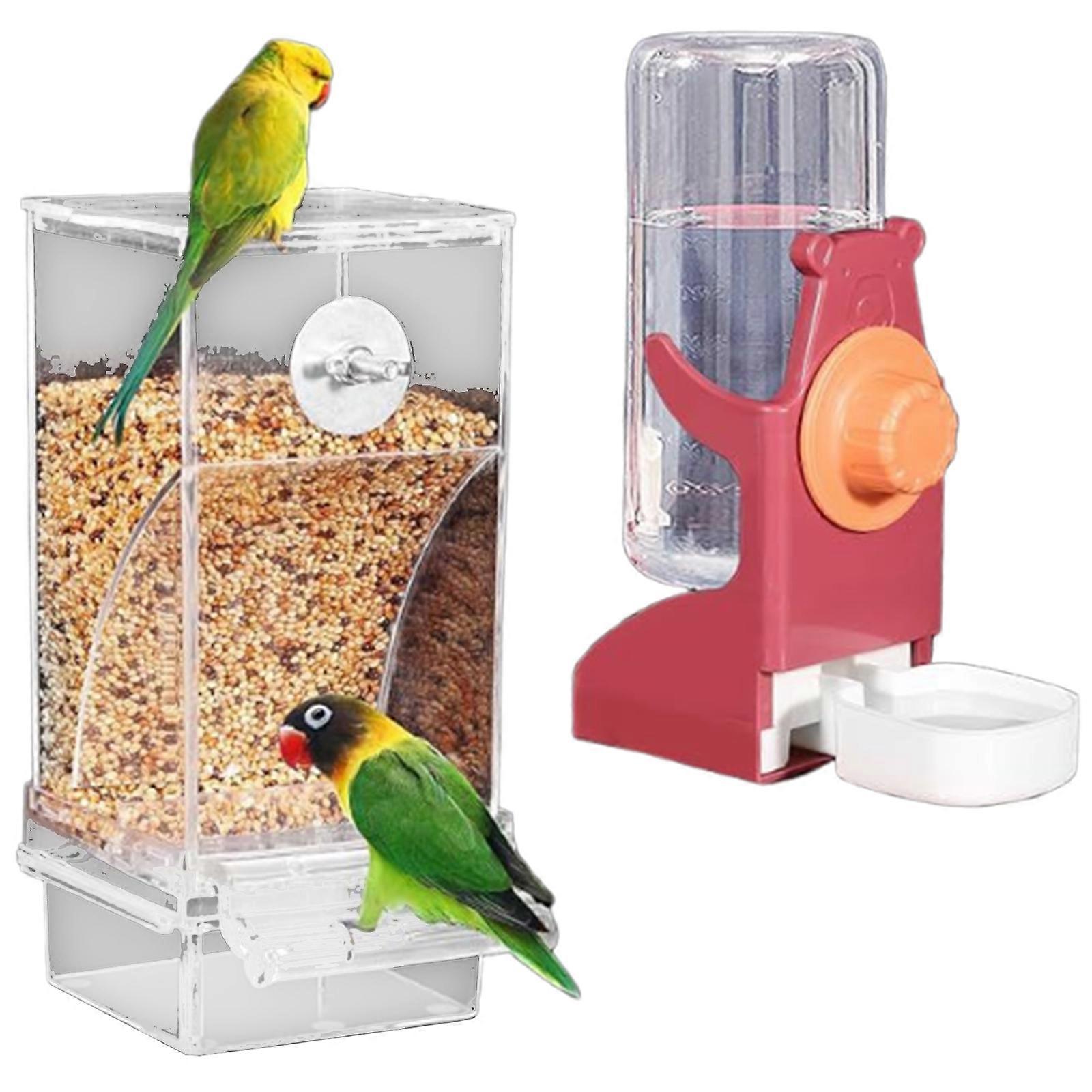 Automatic Bird Feeder and Water Dispenser Set Vacation Proof Design Treat Storage Container Leakproof Base for Medium Sized Birds  Burgundy