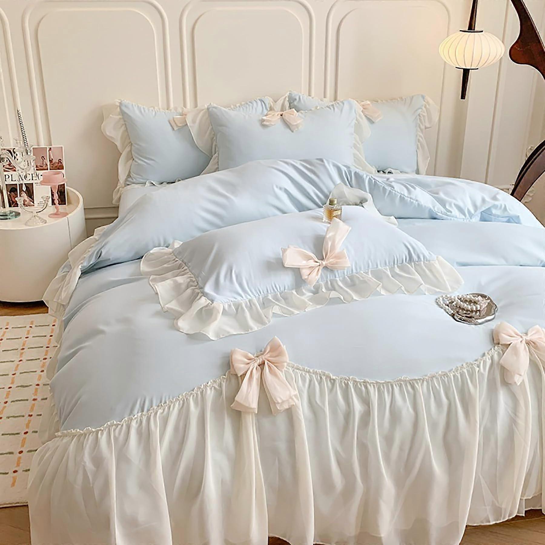 Princess Style 4 Piece Bedding Set with Comforter, Chiffon Ruffle Seersucker Sheets, Bow Design, Twin Blue
