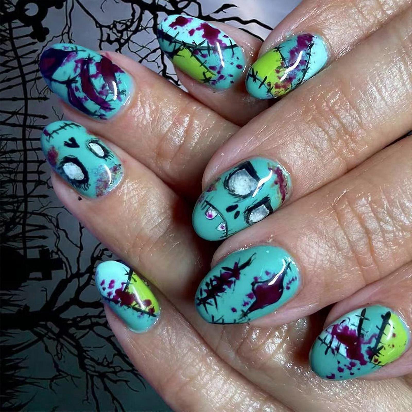 Halloween Artificial Nail 24pcs Green Ghosty Face Design Black Glittering Press On Nail Reusable Multiple Sizes Included Multicolor