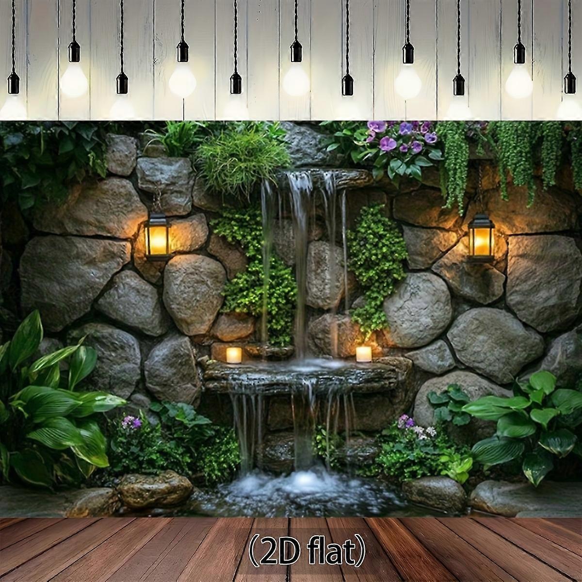 2D flat, 1 piece realistic stone waterfall background with rich green color - no electricity required