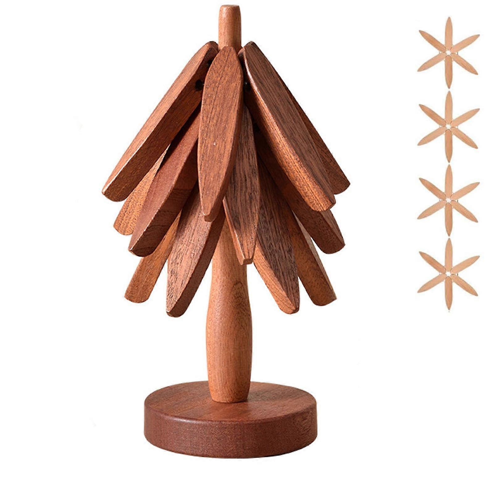 Wooden Trivet Set Christmas Tree Foldable Walnut Heat Resistant with SpaceSaving Stand