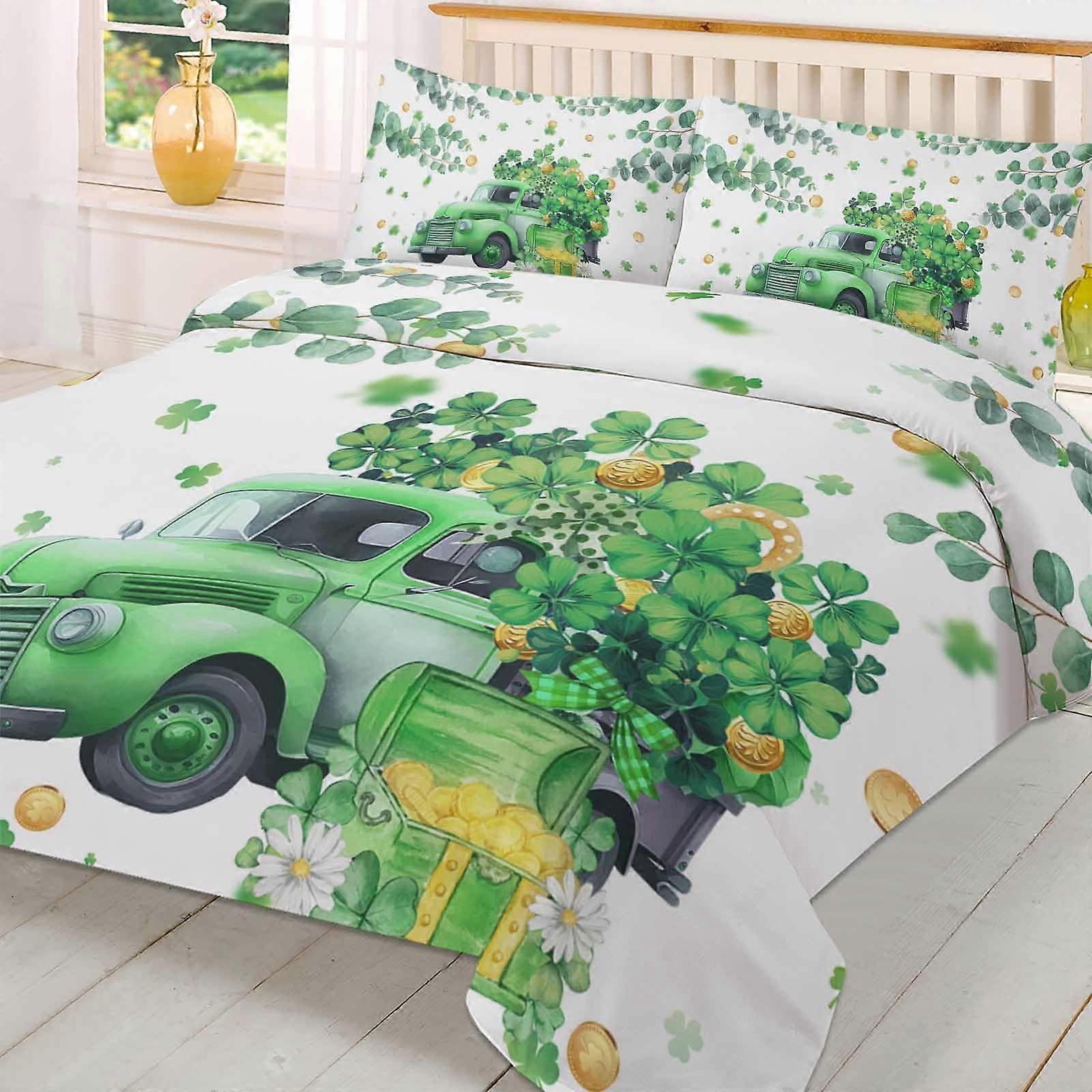St. Patrick's Day Full Size Duvet Cover Set, Green Eucalyptus Print, Soft Microfiber with Zipper