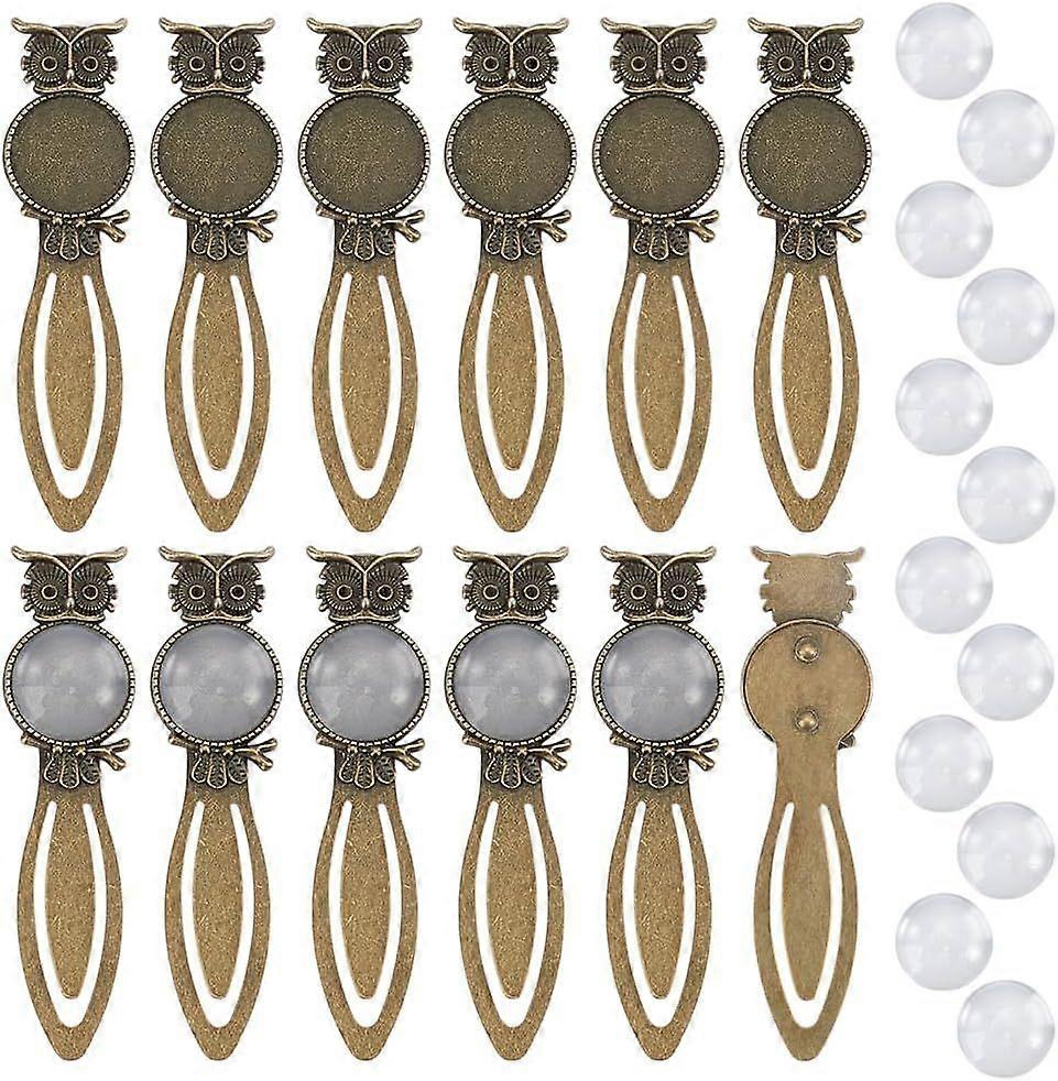 12Pcs Cabochon Bookmark Owl Shape Animal Bookmarks with Round Tray Alloy Bronze Bookmark Makings Sets for DIY Reading Lovers Bookmarks Making Tray:20m