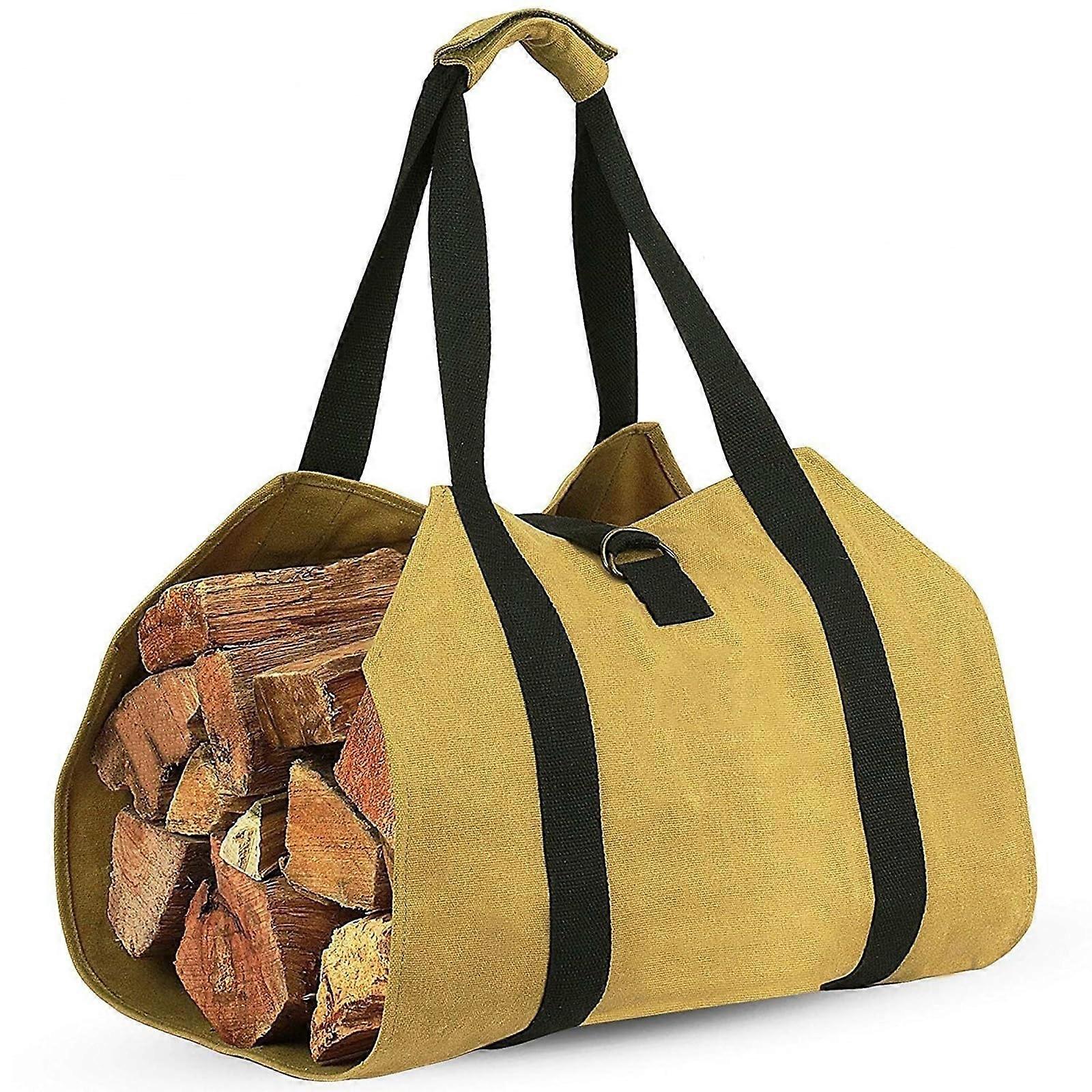 Extra Large Waxed Canvas Firewood Carrier Bag with Water Resistant Heavy Duty Straps Khaki