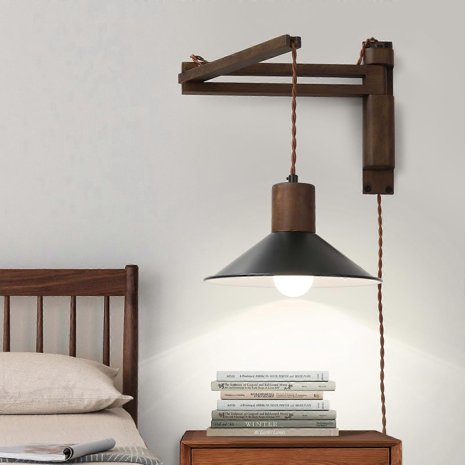 Wood Swing Arm Wall Sconce with Dimmable Switch, Vintage PlugIn Light for Bedroom or Reading