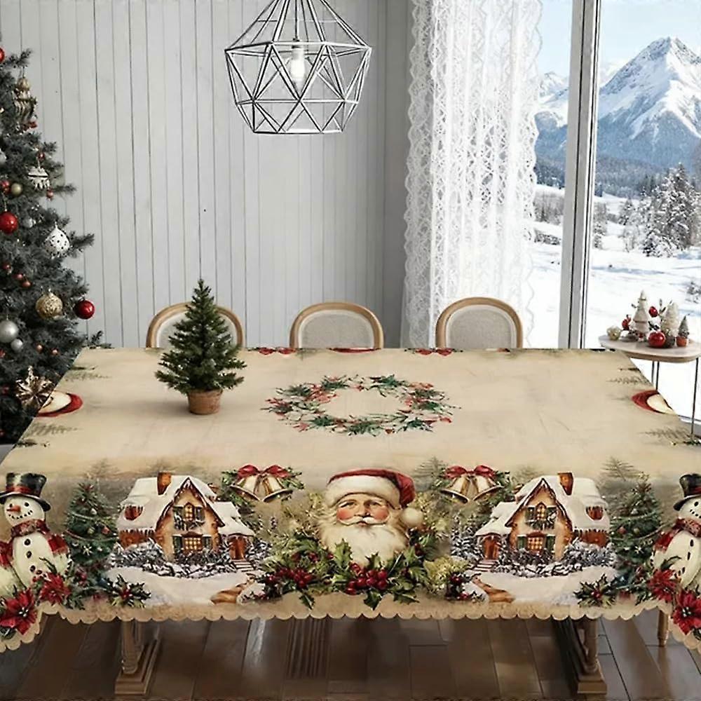 Christmas Tablecloth Rectangular White Festive Santa and Reindeer Durable Fabric for Holiday Parties