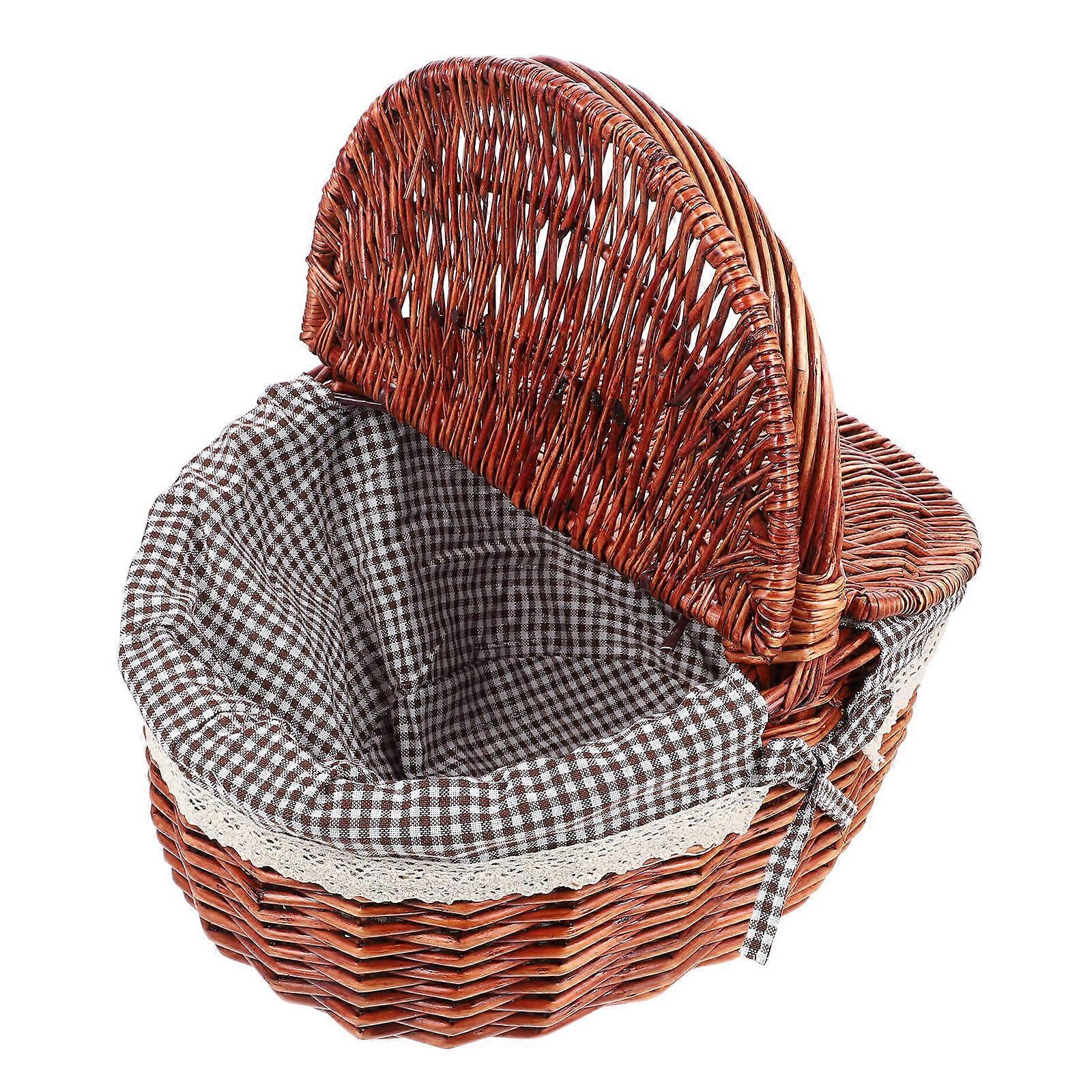 Brown Wicker Handheld Basket for Picnic with Double Lids Storage Basket