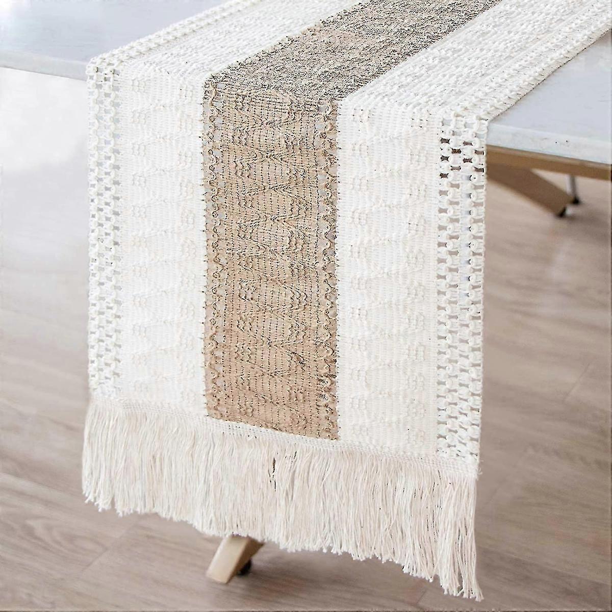 Macrame Table Runner Natural Burlap, Splicing Cotton Boho Runner with Tassels
