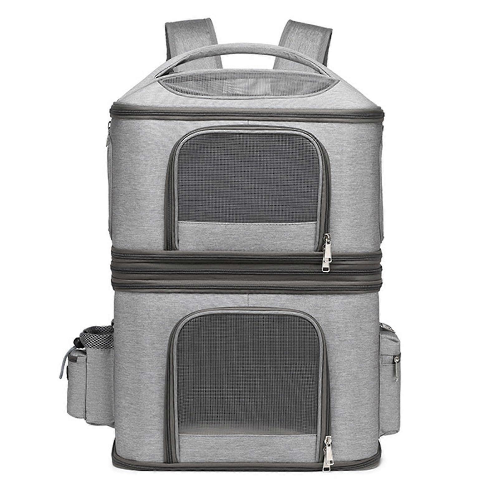DoubleLayer Cat Carrier Backpack for Two Pets with Breathable Mesh for Cats and Small Dogs Grey