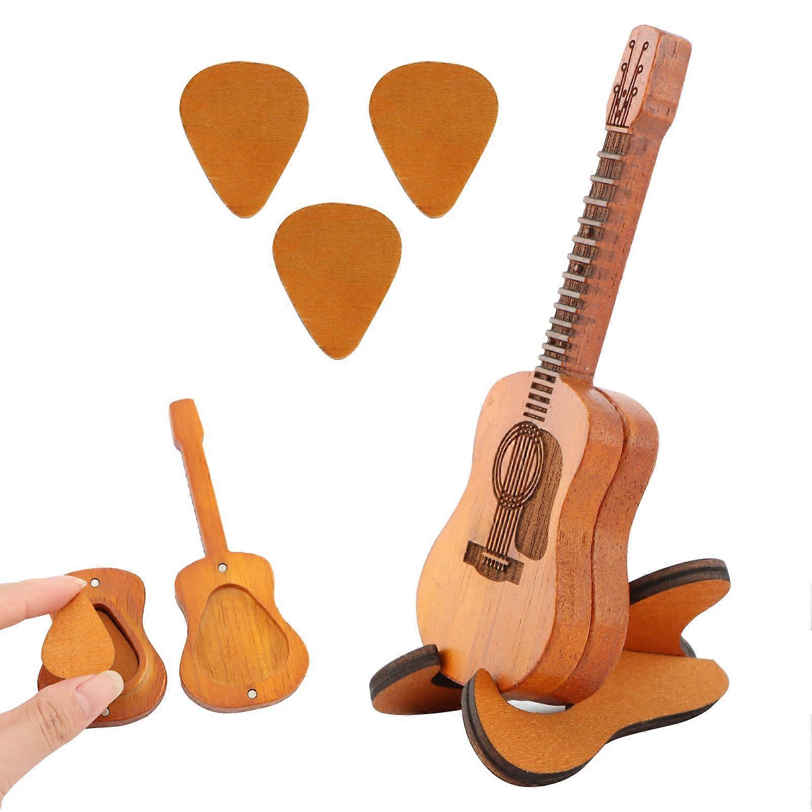 Guitar Pick Holder and Wooden Storage Box with Stand for Organized Desk Display, Includes 3 Picks