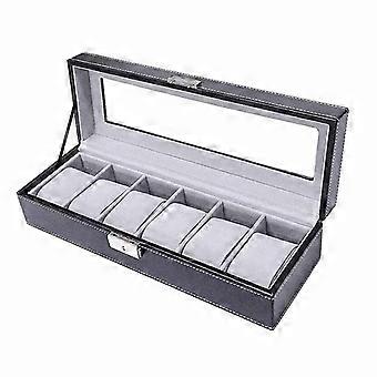 Caja organizadora para relojes con 6 compartimentos, de piel sintética, color gris y beige, ideal para exhibir joyas y relojes de hombre.