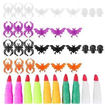 50 Pcs Halloween Accessory Includes 20 Pcs Fake Nails Halloween Witch Finger and 30 Pcs Plastic Spider Skull Bat Ring for Kids Adults Party Favors Bir