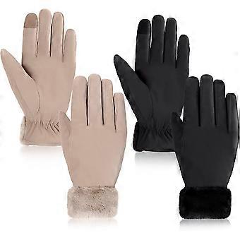 2 paar waterdichte touchscreen skihandschoenen voor dames, winterski- en snowboardhandschoenen, winddichte sneeuwaccessoires, zwart, camel