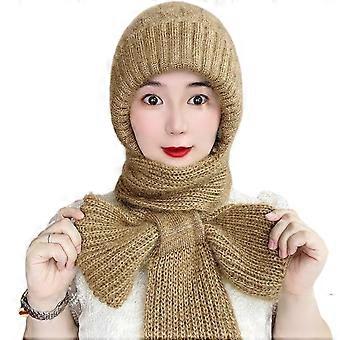 Damen Winter Integrierte Mütze Schal Verdickt Gestrickt Warm Weich Gemütlich Elastisch Ohren Nacken Kopfschutz Winddicht Reine Farbe Sturmhaube Halswickel Combo La