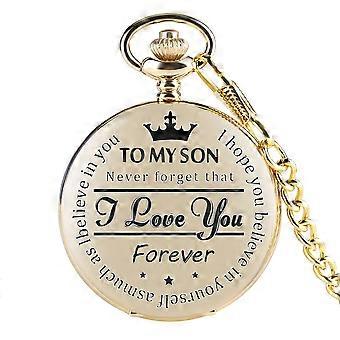 To My Son Engraved Quartz Pocket Watch I Love You Forever Gift Gold Pendant Chain