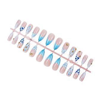 Quick Apply Press On Nail 24 Piece French Style Nail Set, Blue Shell Flower Design With Adhesive Tabs and Glossy ABS Finish Use Multicolor