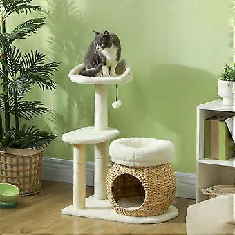 79 cm hoher Katzenbaum mit Katzenhöhle, Bett, Spielbällen und Kratzbaum mit Sisal-Kratzstämmen, für Katzen bis 5 kg, cremeweiß