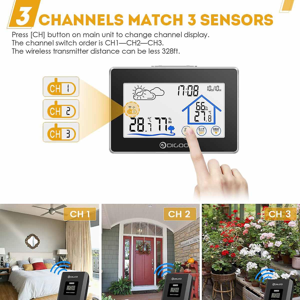 Dg-th8380 Wireless Thermometer Hygrometer Touch Screen