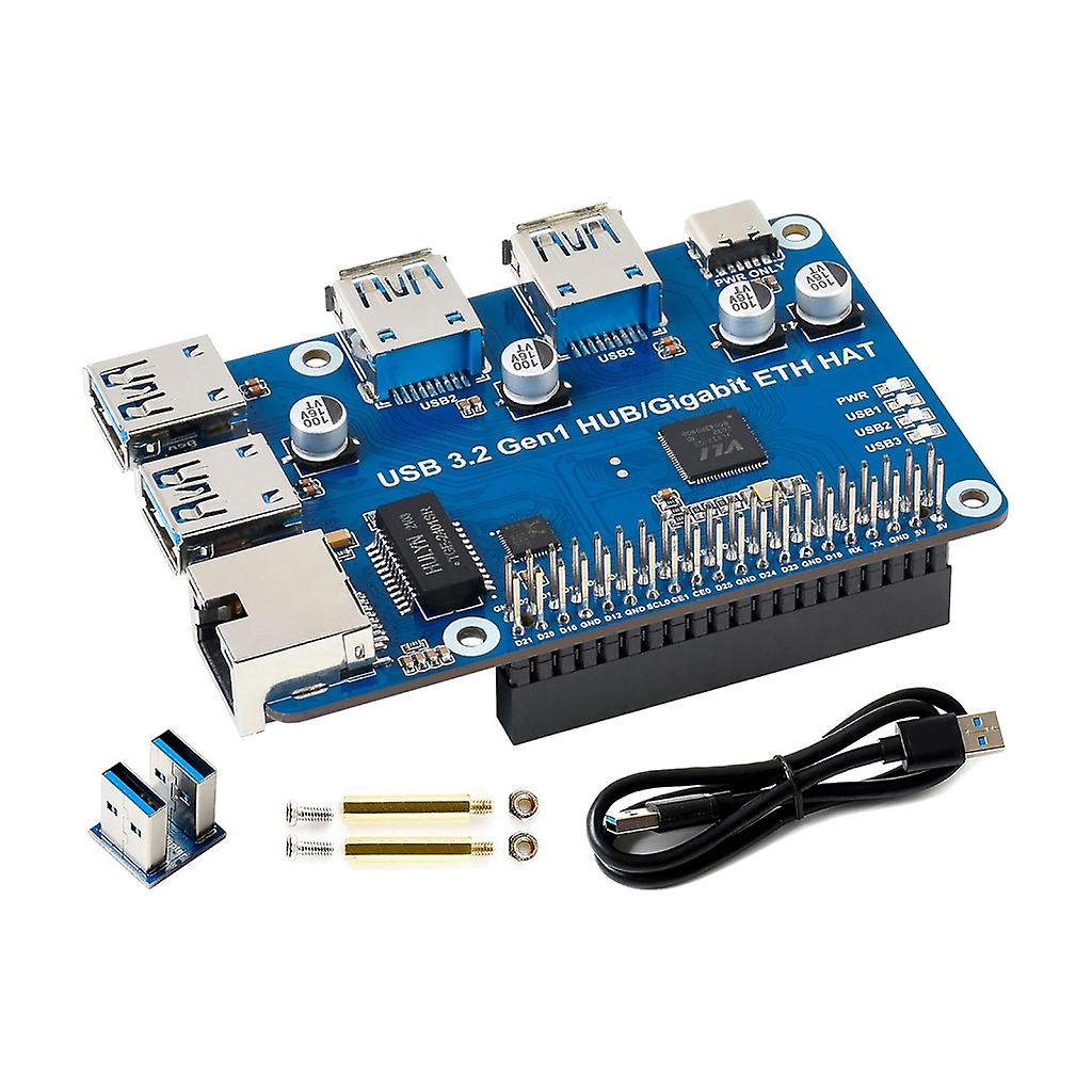 USB3.2 Gen1 andGigabit Ethernet HUB HAT forRaspberryPi 4B/3B+/3B/2B with 3 Ports, Compatible3.0/usb2.0/1.1,Driver-Free