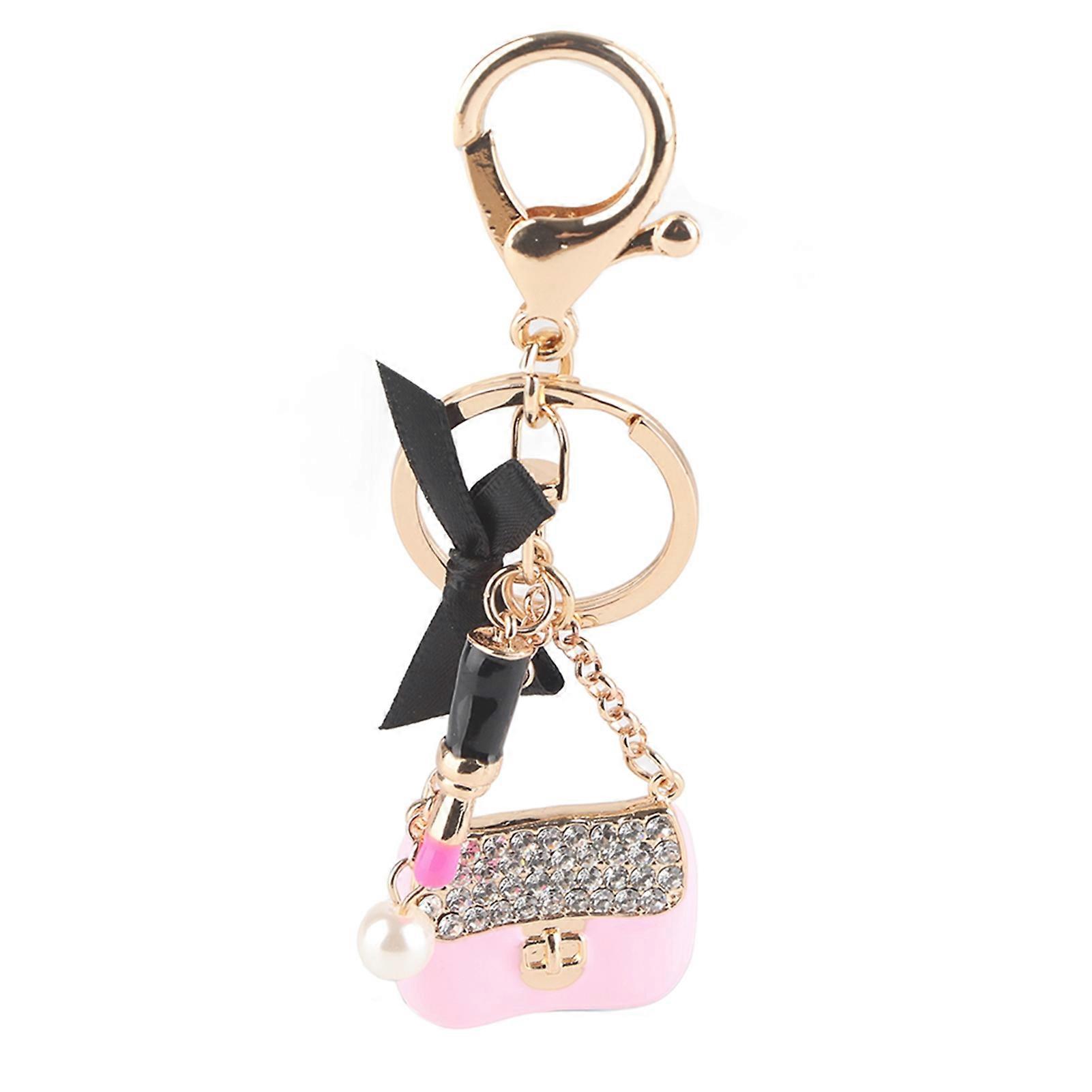 Exquisite Bow Keychain - Pink Alloy Rhinestone Lipstick Pendant for Stylish Handbag Decoration and Gift