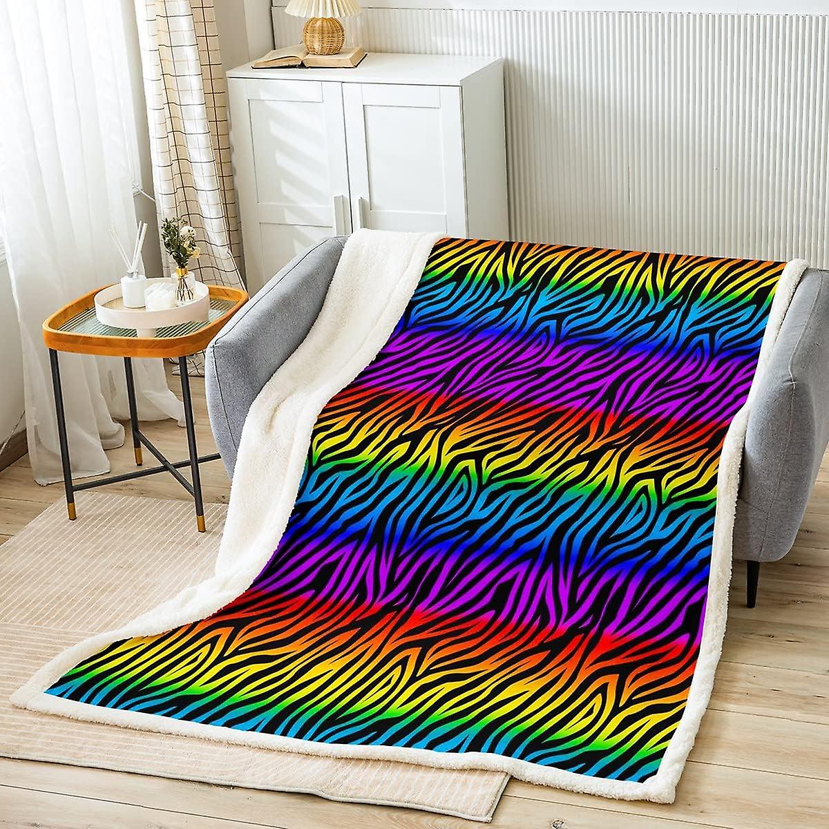 Zebrahäute Sherpa-Decke Regenbogen Zebrastreifen Plüschdecke Buntes Zebra-Fleece Decke Zoo Tierfell Fuzzy Decke für Schlafsofa, Ultra So
