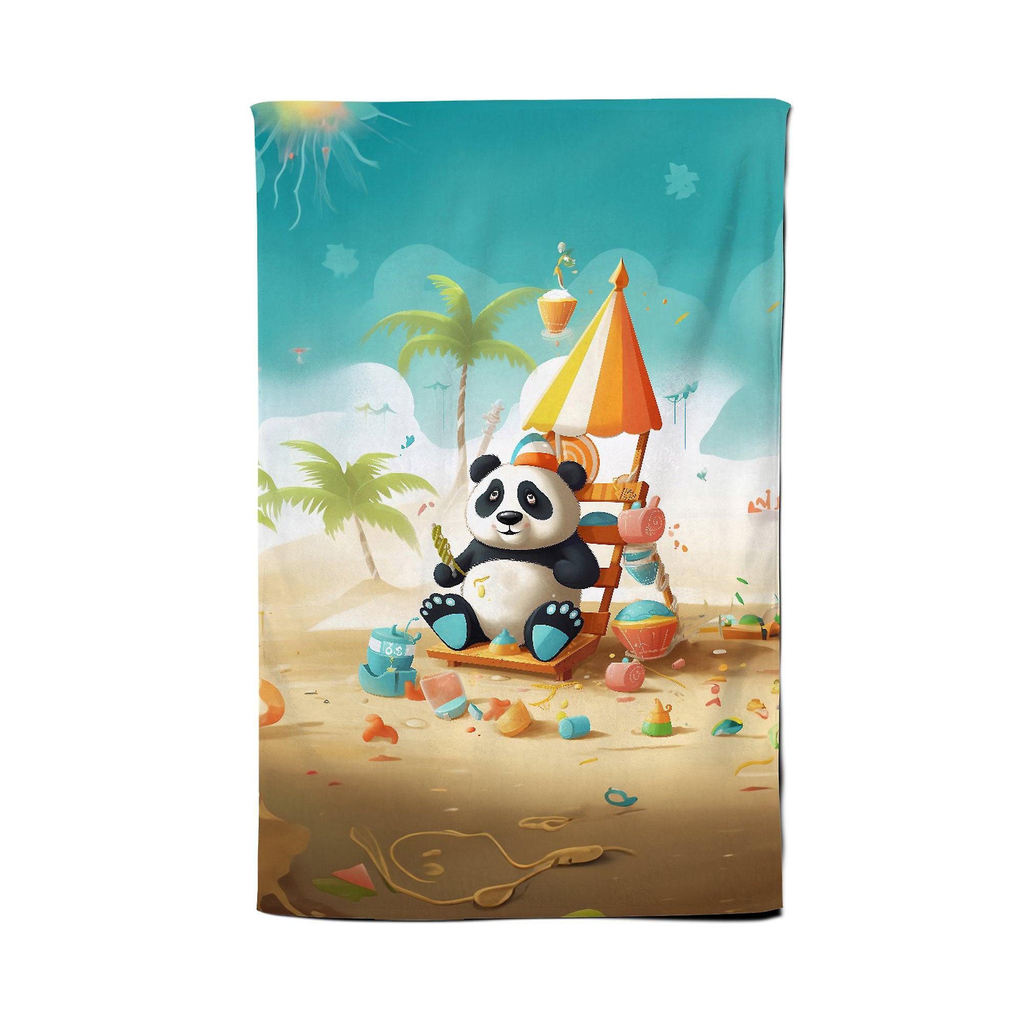 Happy Panda On A Beach Holiday Tea Towel