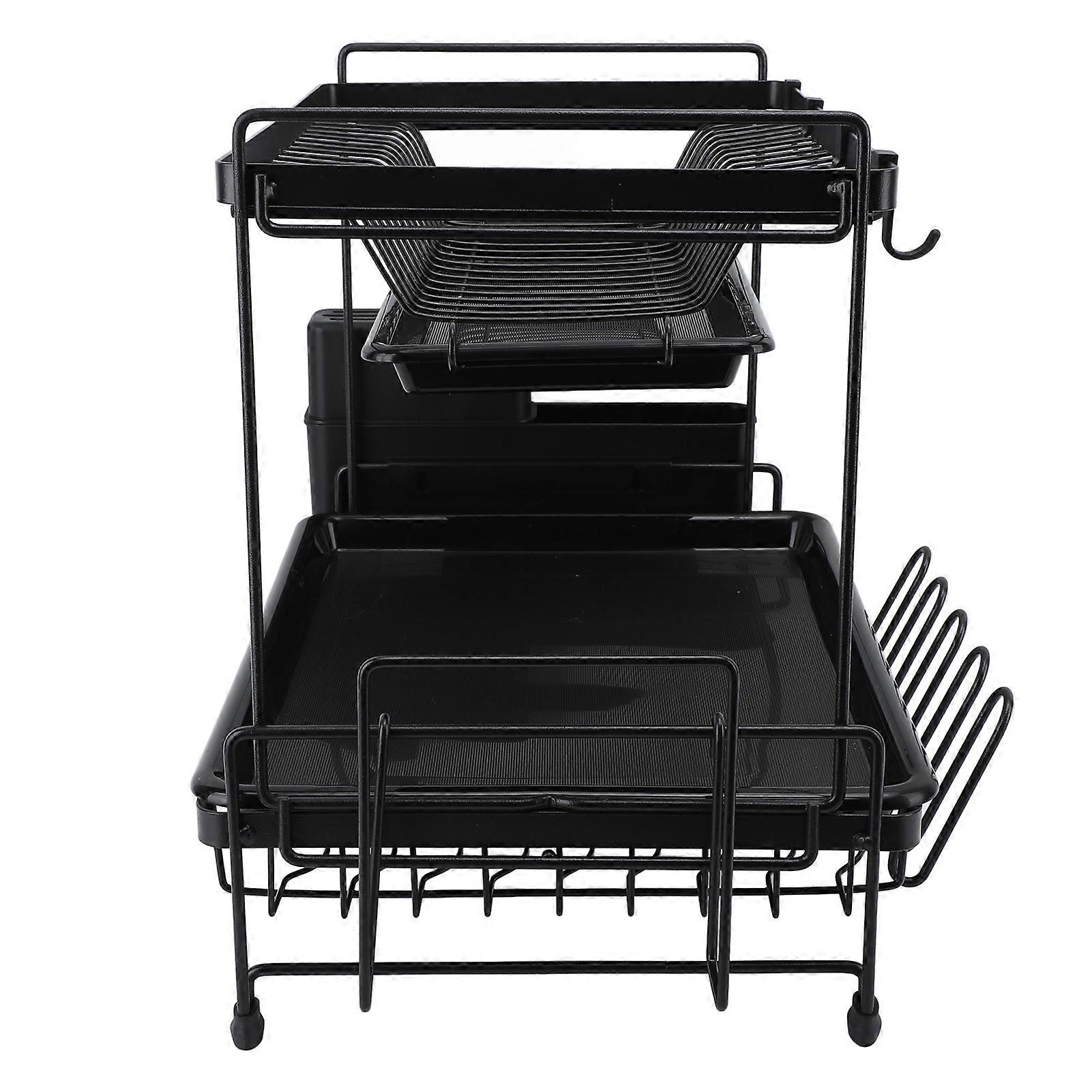 2-Layer Foldable Iron Dish Drying Rack with Utensil Holder