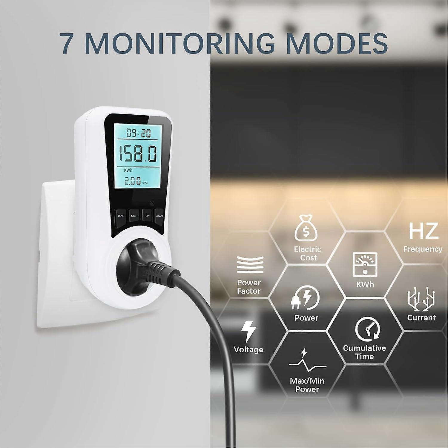 Electricity meter for plug-in electricity meter, 16A energy cost meter, electricity consumption meter with LCD backlight, 7 monitoring modes, overload