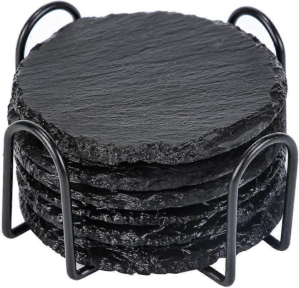 Beverage Coasters with Holder 6 Pack Rustic Round Slate Stone