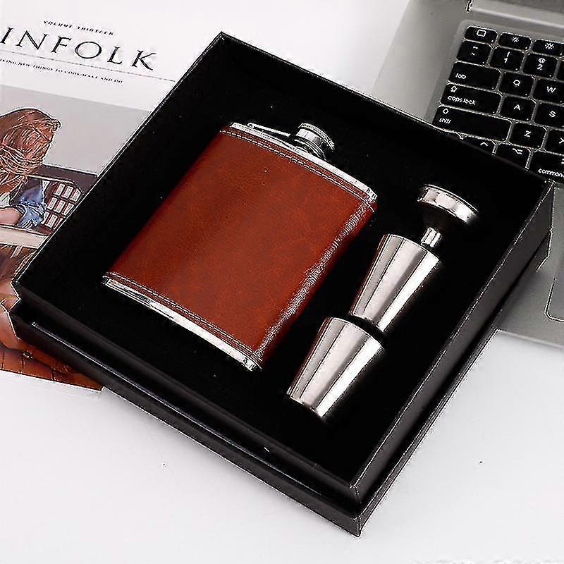 Flasque Inox 230 Ml-brun, Lot 2, Rservoir Alcool En Acier Inoxydable Avec Faux Cuir Fiole De Poche